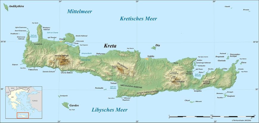 Die Mittelmeerinsel Kreta - Heimat der frühesten europäischen Kultur (Quelle: Wikipedia.de)